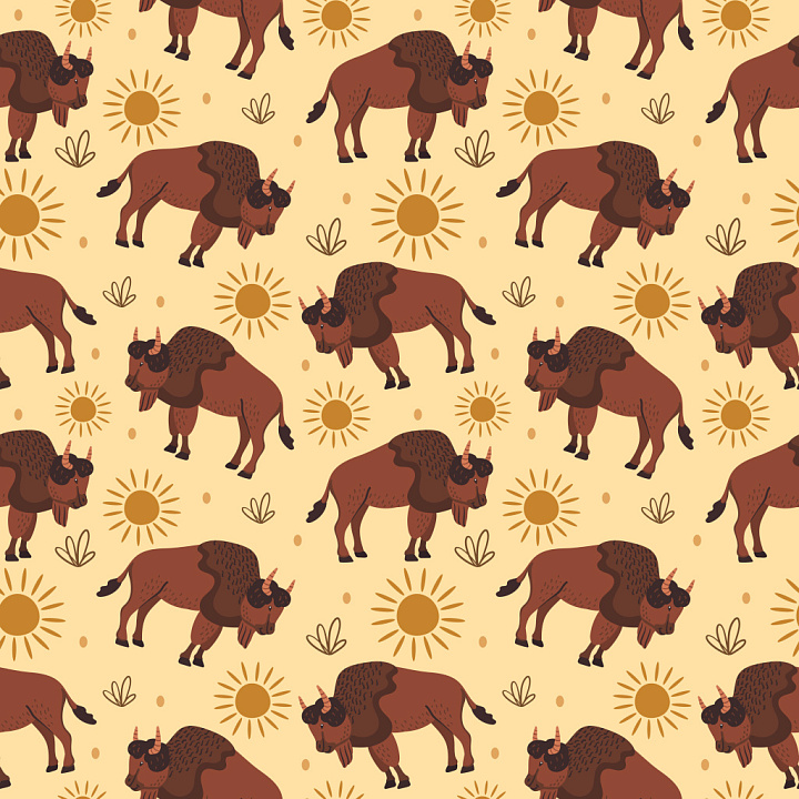 Pattern Featuring Stylized Bison Motifs in Warm Earthy Colors seamless PBR texture preview