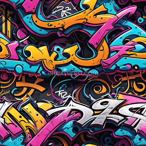 Seamless 3D PBR Graffiti Texture with Bright Pink, Orange, and Blue Street Art