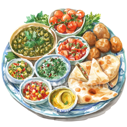 seamless Lebanese Breakfast Platter Illustration with Fresh Vegetables and Flatbread texture 8k free download PBR