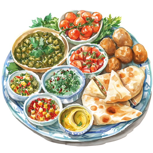 Lebanese Breakfast Platter Illustration with Fresh Vegetables and Flatbread
