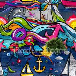 seamless Seamless 3D PBR Graffiti Texture Featuring Colorful Nautical Street Art texture 8k free download PBR
