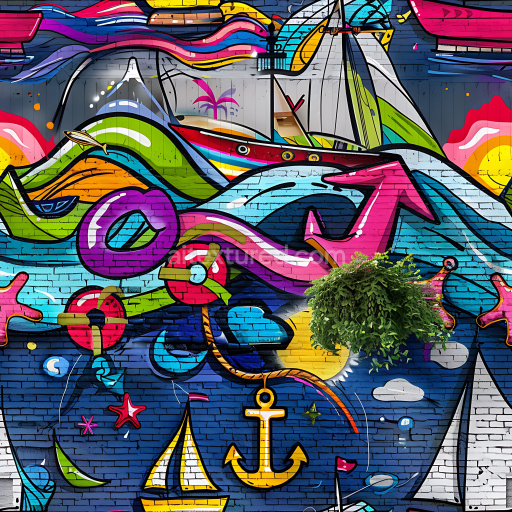 Seamless 3D PBR Graffiti Texture Featuring Colorful Nautical Street Art
