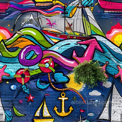 Seamless 3D PBR Graffiti Texture Featuring Colorful Nautical Street Art texture preview