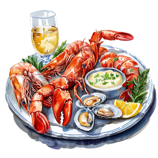 Detailed Seafood Platter Breakfast Illustration with Shrimp, Lobster, Mussels and Aioli