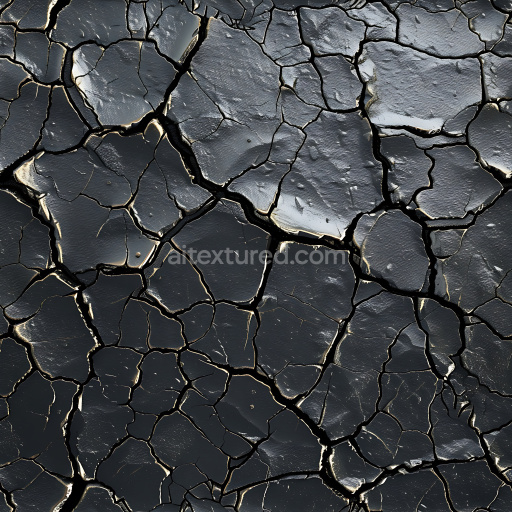 Seamless 3D PBR cracked dry mud soil texture with deep fissures and dark finish
