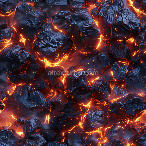 Seamless 3D PBR Texture of Glossy Dark Volcanic Rocks with Glowing Lava