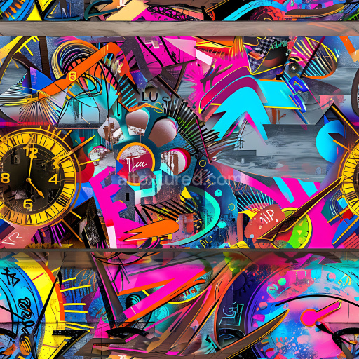 Seamless 3D PBR Graffiti Texture Featuring Vibrant Clocks and Abstract Urban Art