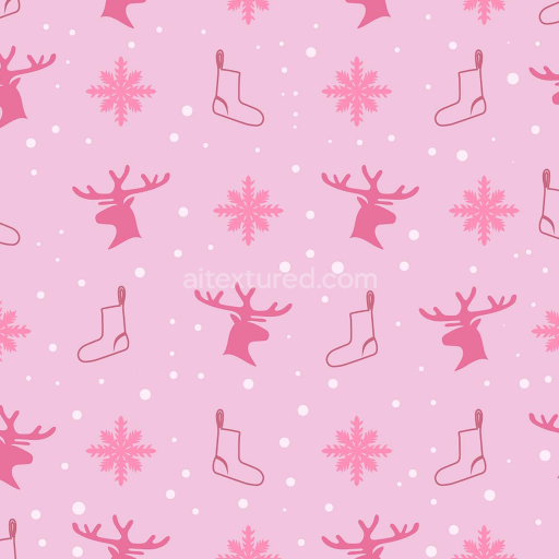 Seamless 3D PBR Texture of Christmas Pink Fabric Featuring Reindeer, Snowflakes, and Stockings
