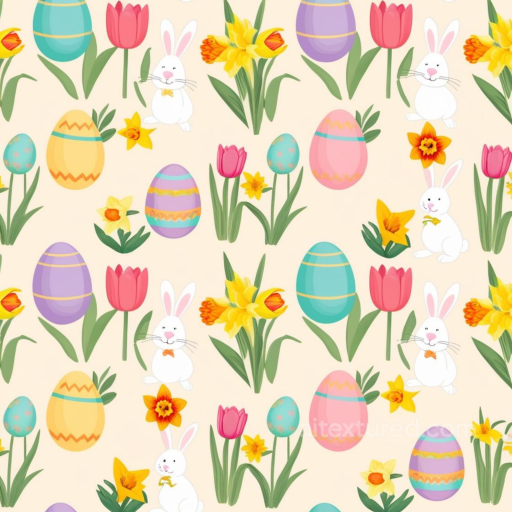 Easter-Themed Digital Paper Texture With Pastel Eggs, Bunnies And Spring Flowers seamless All Easter Digital paper PBR texture