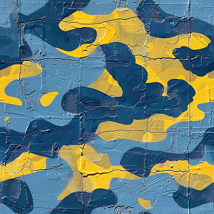 Urban Camouflage with Blue and Yellow Abstract Blotches seamless PBR texture preview