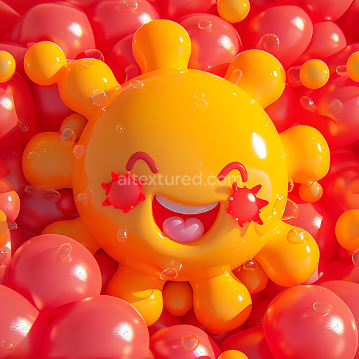 Seamless 3D Inflated PBR Texture Featuring Glossy Cartoon Sun and Puffy Bubbles