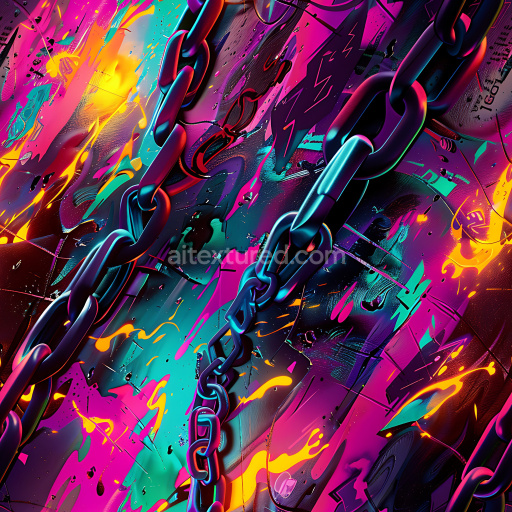 Seamless 3D PBR Texture Featuring Neon Graffiti and Chain Overlays