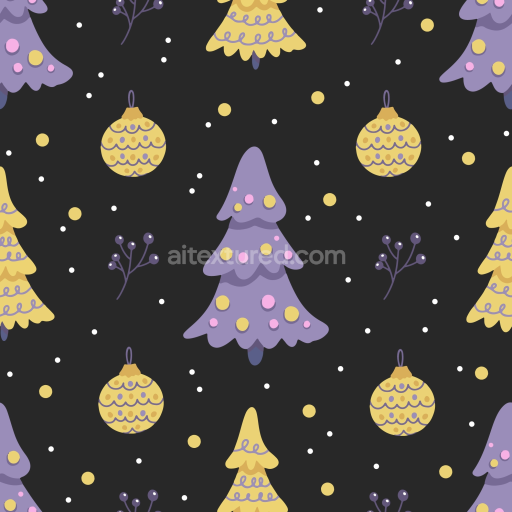 Seamless 3D PBR Christmas digital paper texture featuring purple and yellow trees and ornaments