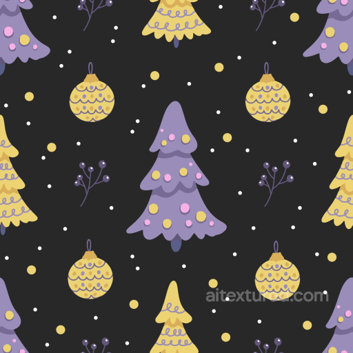 Christmas Digital Paper Texture Featuring Purple And Yellow Trees And Ornaments seamless All Christmas Digital paper PBR texture