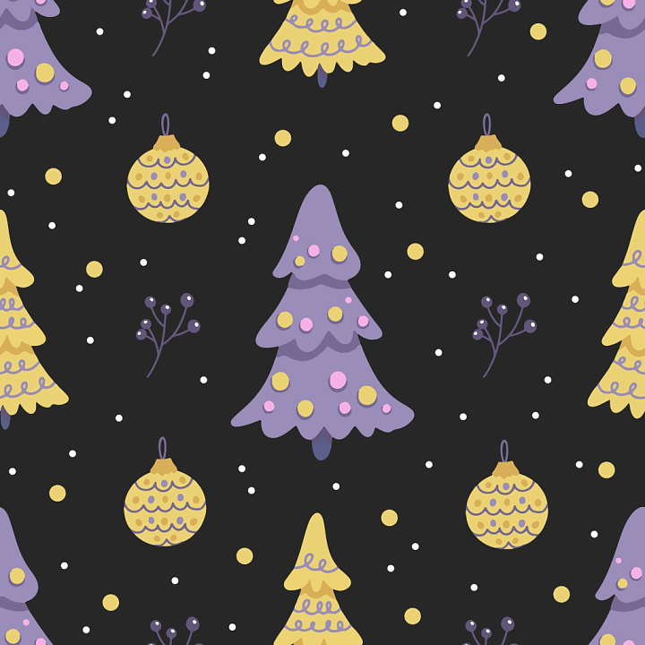 Digital Paper with Purple Yellow Christmas Trees & Ornaments seamless PBR texture preview