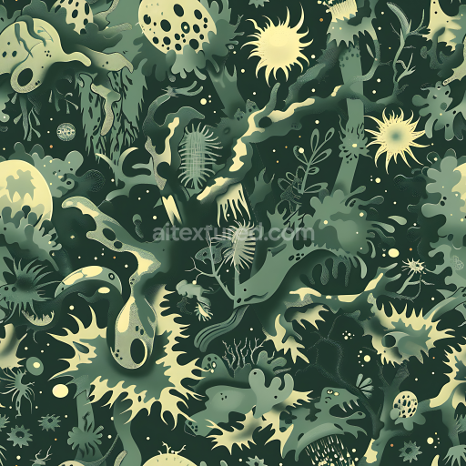 Seamless 3D stylized organic camouflage PBR texture with abstract aquatic shapes and muted green palette