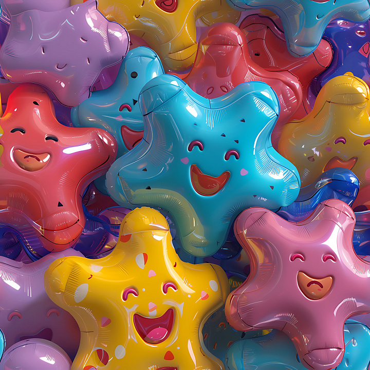 Inflated Vinyl Star Pillows in Bright Multicolor seamless PBR texture preview