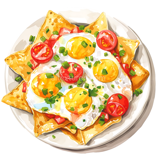 Breakfast Nachos with Scrambled Eggs, Cherry Tomatoes, and Herbs PNG
