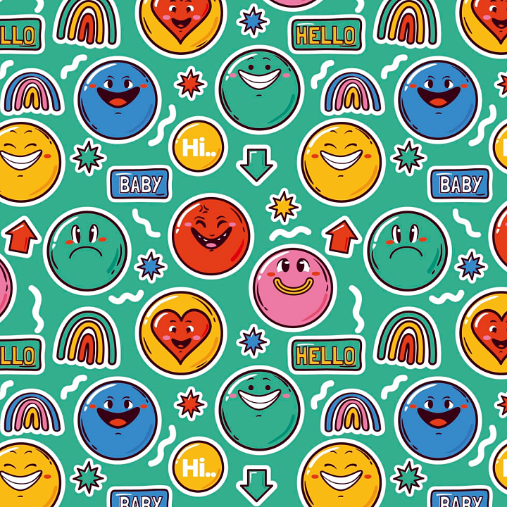 Happy Face Pattern with Colorful Cartoon Emojis seamless PBR texture preview