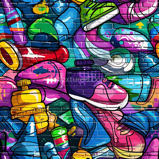 Seamless 3D PBR Texture of Vibrant Colorful Graffiti Spray Paint on Brick Wall
