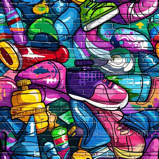 Seamless 3D PBR Texture of Vibrant Colorful Graffiti Spray Paint on Brick Wall texture preview