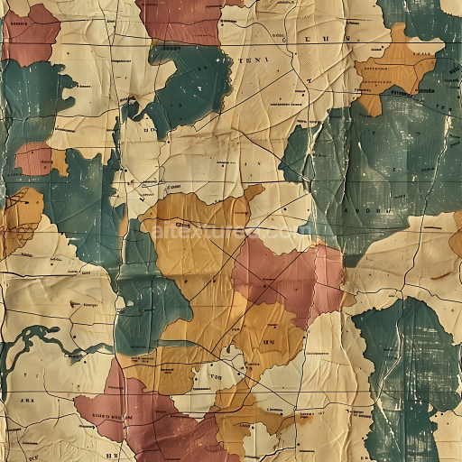 Seamless 3D vintage map-inspired camouflage PBR texture with earthy tones and organic shapes