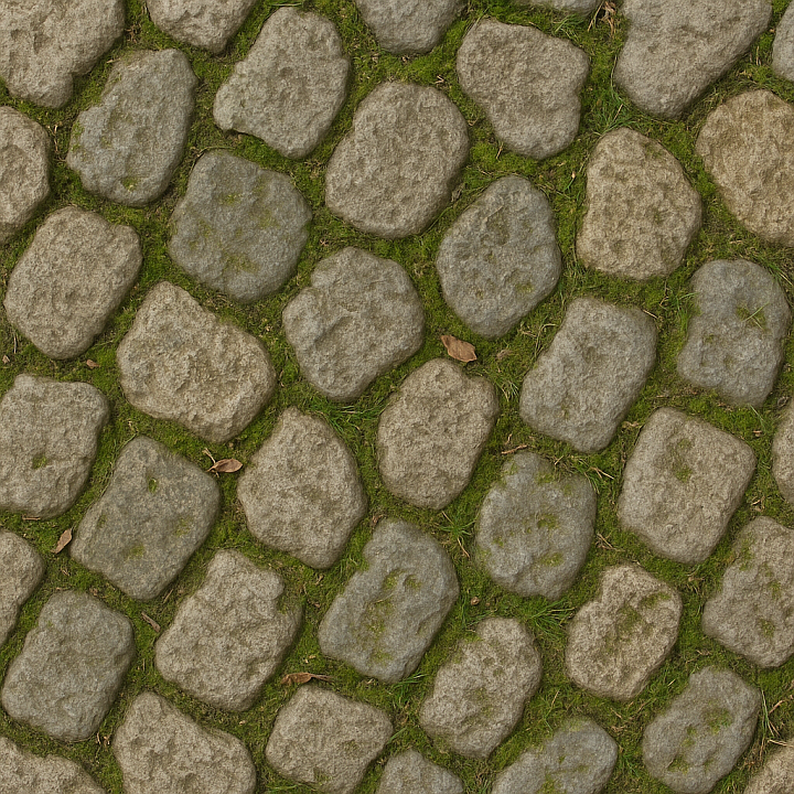 Cobblestone Irregular With Moss Patches And Rough Wear Surface Asphalt seamless PBR texture preview