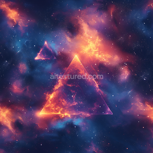 Seamless 3D Space PBR Texture Featuring Cosmic Nebula and Glowing Triangular Shapes