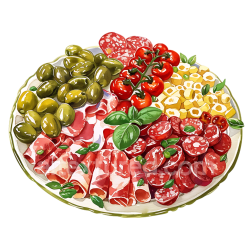 seamless Breakfast Antipasto Platter Graphic Featuring Cured Meats, Olives, Cherry Tomatoes, and Cheese texture 8k free download PBR