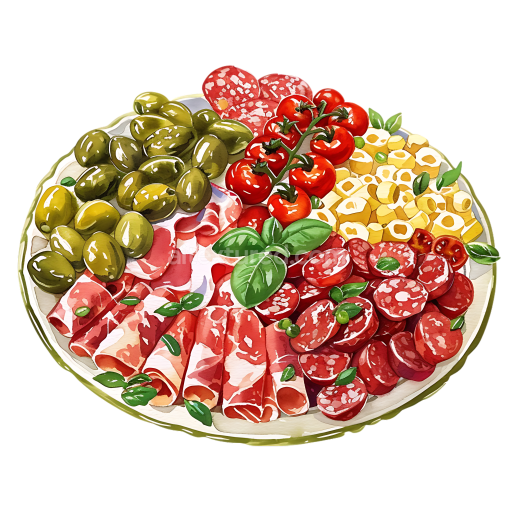 Breakfast Antipasto Platter Graphic Featuring Cured Meats, Olives, Cherry Tomatoes, and Cheese