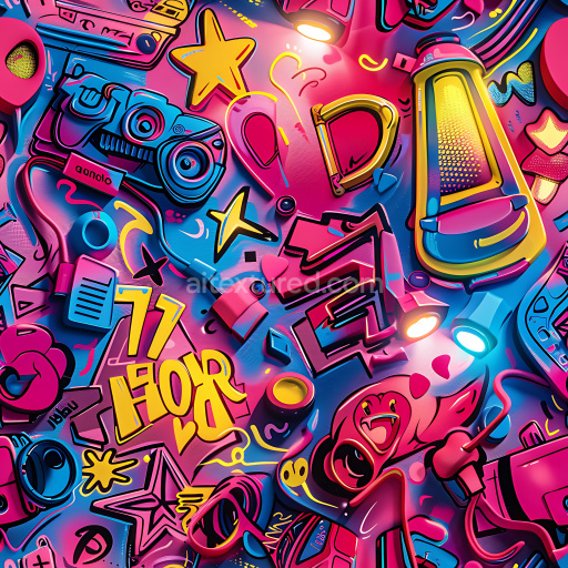 Seamless 3D PBR Graffiti Texture with Vibrant Neon Colors and Urban Art Elements