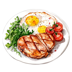 seamless Breakfast Plate with Grilled Chicken Steak, Sunny-Side Eggs, Cherry Tomatoes, and Fresh Greens Illustration texture 8k free download PBR