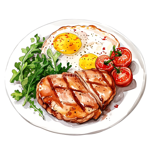 Breakfast Plate with Grilled Chicken Steak, Sunny-Side Eggs, Cherry Tomatoes, and Fresh Greens Illustration