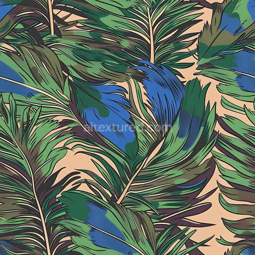 Seamless 3D Tropical Feather Camouflage PBR Texture with Blue-Green Leaves
