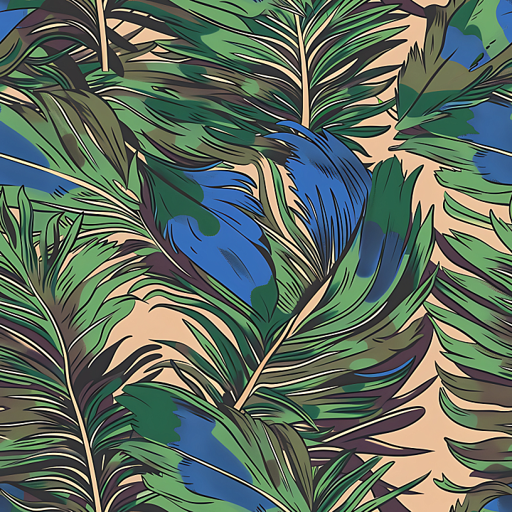 Tropical Feather Camouflage with Blue-Green Leaves seamless PBR texture preview