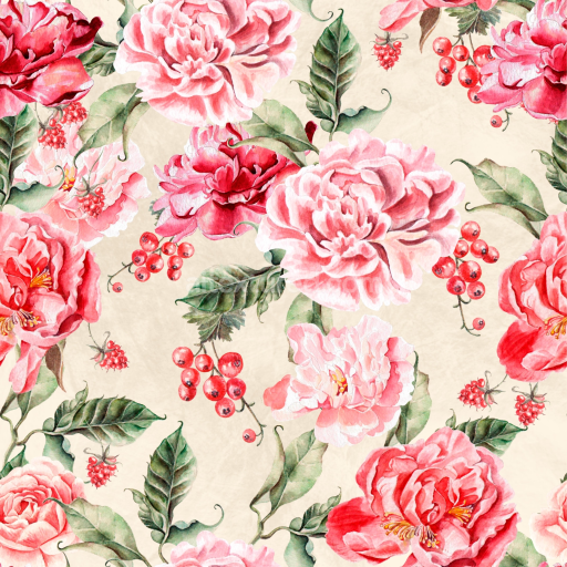 Seamless 3D PBR Texture of Pink and Red Watercolor Flowers with Green Leaves