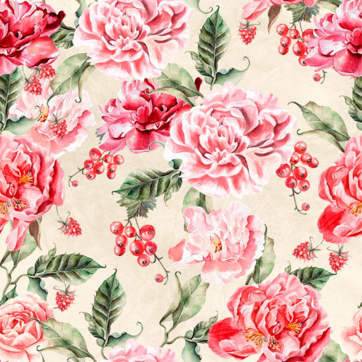 Flower Texture of Pink and Red Watercolor Flowers with Green Leaves seamless Flower PBR texture