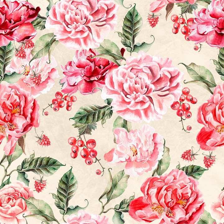 Flower of Pink and Red Watercolor Flowers with Green Leaves seamless PBR texture preview