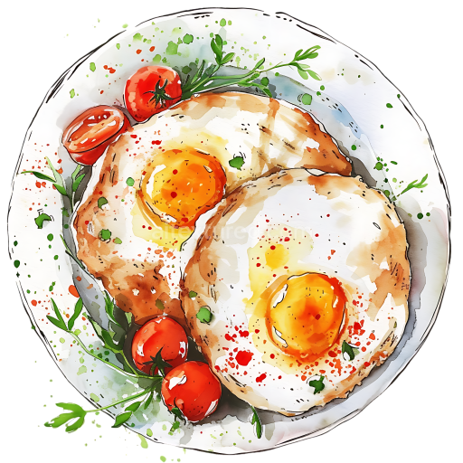 Watercolor Style Fried Eggs with Cherry Tomatoes Breakfast Illustration