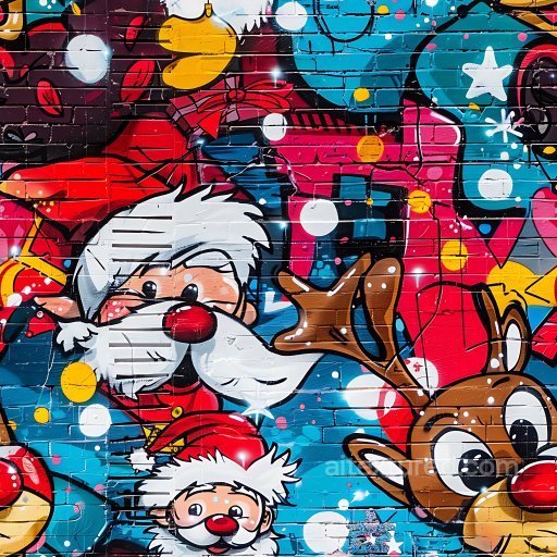 Seamless 3D PBR Graffiti Texture Featuring Vibrant Holiday Characters on Brick Wall texture preview