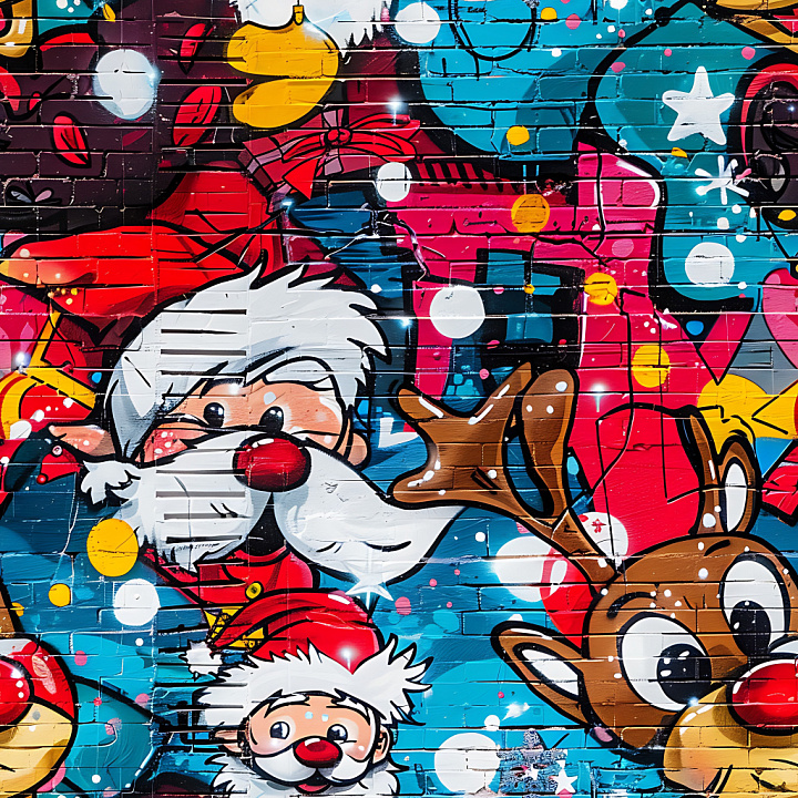 Graffiti Featuring Vibrant Holiday Characters on Brick Wall seamless PBR texture preview