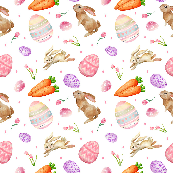 Pattern Featuring Watercolor Easter Bunnies, Eggs, and Carrots seamless PBR texture preview