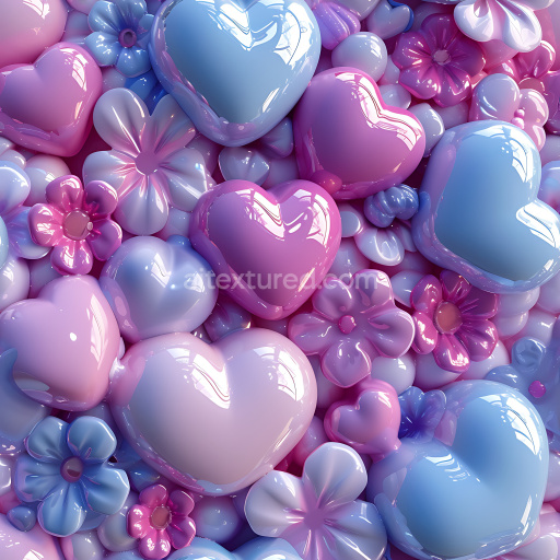 Seamless 3D Inflated Heart and Flower Vinyl PBR Texture in Pastel Shades
