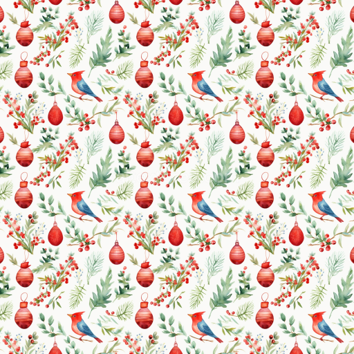 Seamless 3D PBR Watercolor Christmas Fabric Texture with Ornaments and Birds