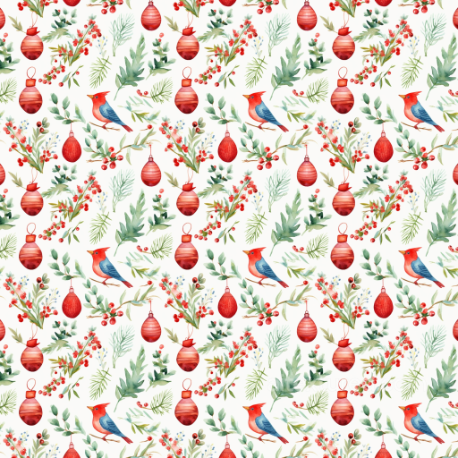 Watercolor Christmas Fabric Texture with Ornaments and Birds seamless Watercolor Christmas PBR texture