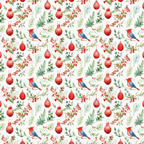 Watercolor Christmas Fabric Texture with Ornaments and Birds Watercolor Christmas texture preview