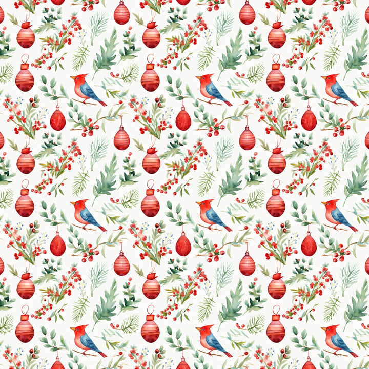 Watercolor Christmas Fabric with Ornaments and Birds seamless PBR texture preview