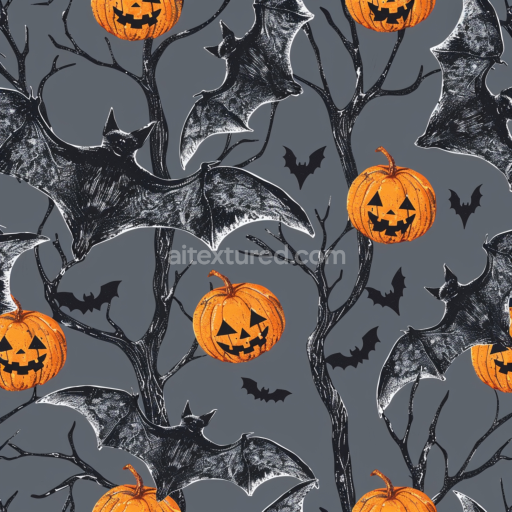 Seamless 3D PBR Vintage Halloween Texture Featuring Bats and Jack-o'-Lanterns