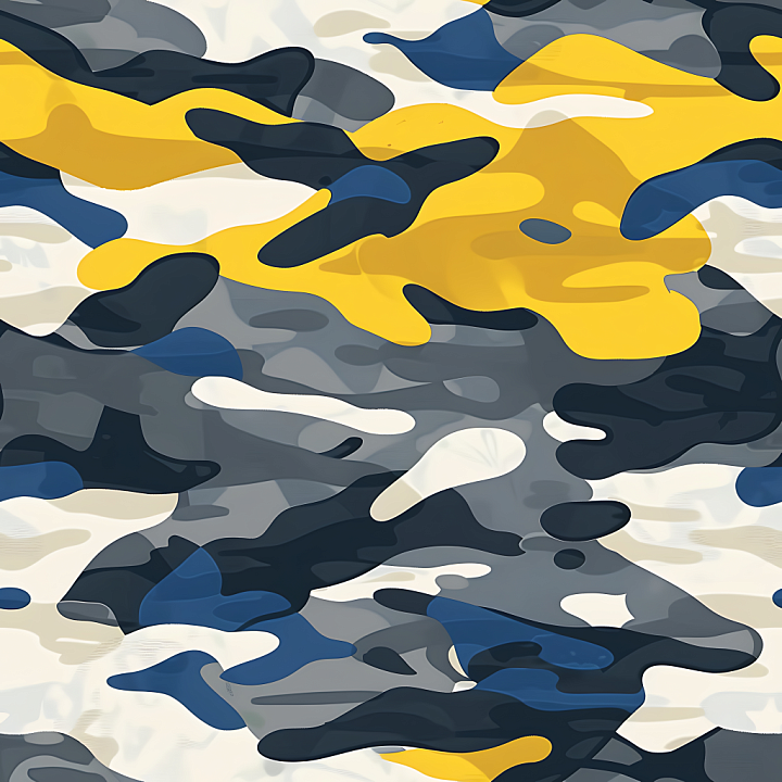 Urban Camouflage with Yellow, Blue, and Gray Blobs seamless PBR texture preview