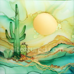 seamless Seamless 3D Alcohol Ink PBR Texture Featuring Desert Landscape with Golden Sun and Green Cacti texture 8k free download PBR